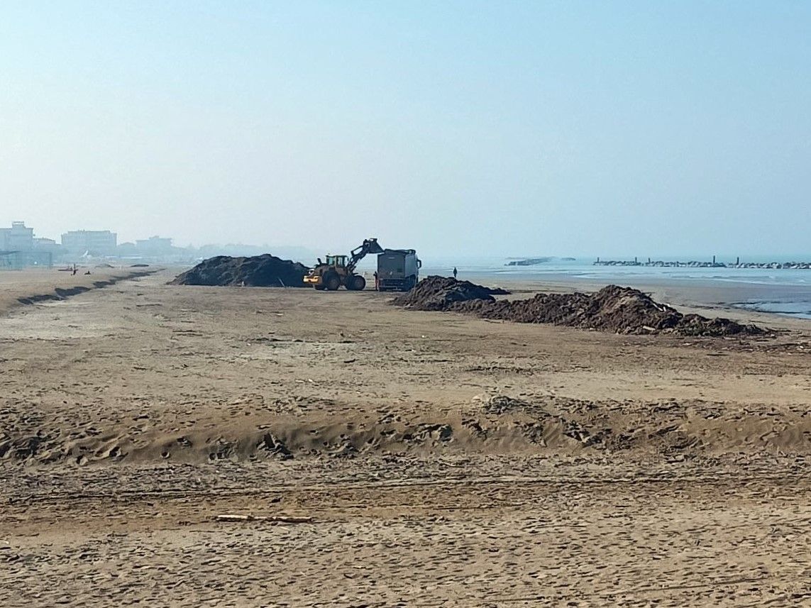 Le operazioni di pulizia della spiaggia di Senigallia dopo le mareggiate che hanno spiaggiato enormi quantità di detriti e rifiuti