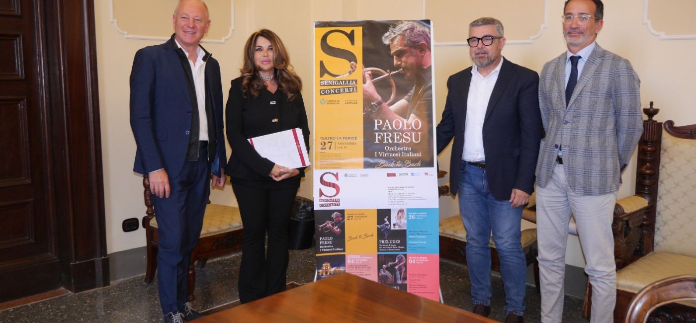 Presentata la stagione musicale 2022-2023 "Senigallia Concerti": da sinistra Federico Mondelci, Antonella Cecere, Massimo Olivetti e Riccardo Pizzi