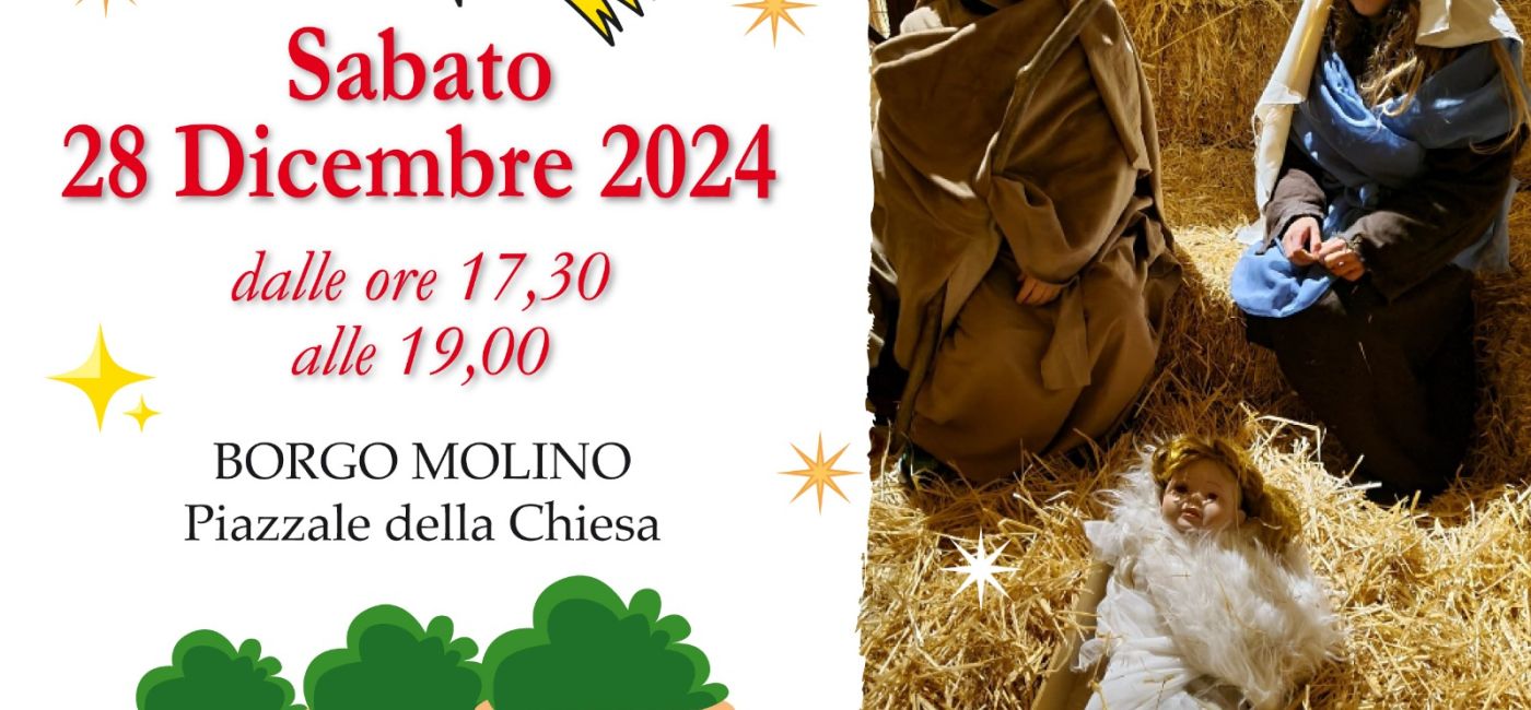 La locandina per il presepe vivente dei bambini a Borgo Molino di Senigallia (natale 2024)