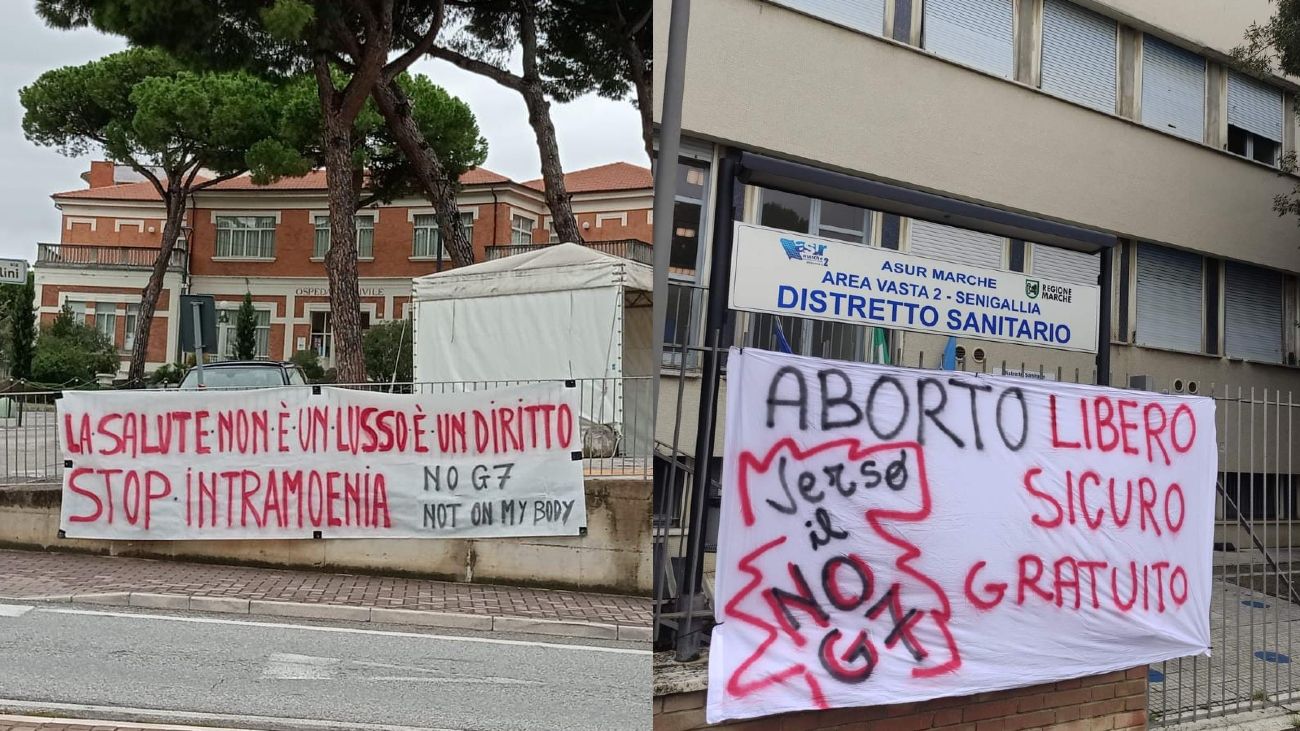 Gli striscioni sul diritto alla salute e all'aborto appesi di fronte alle strutture sanitarie pubbliche di Senigallia