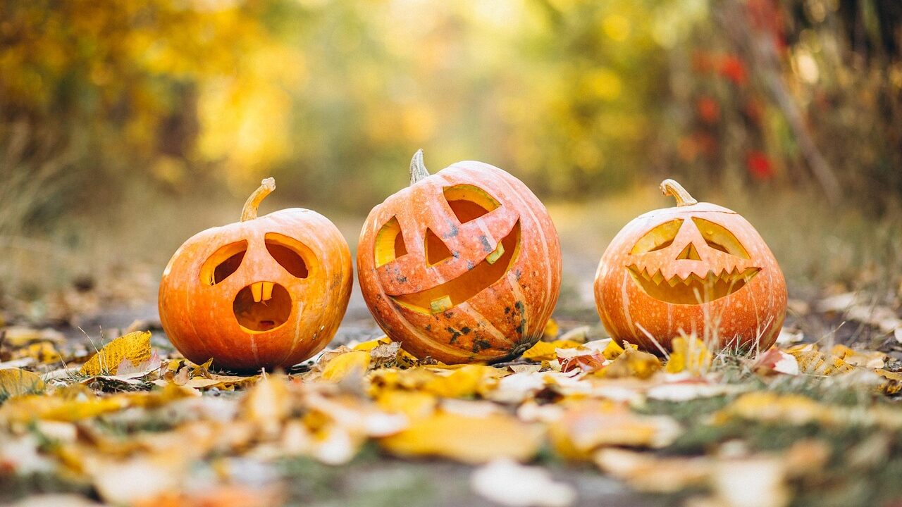 zucche di halloween su foglie autunnali